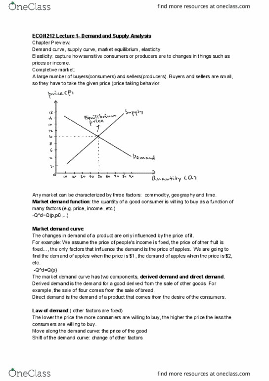 ECON 212 Lecture Notes - Lecture 1: Economic Equilibrium, Excess Supply, Demand Curve cover image