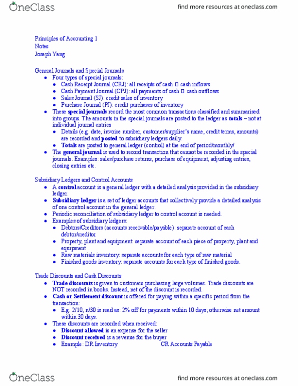 ACC-1A Lecture Notes - Lecture 9: General Ledger, Internal Control, Subledger thumbnail