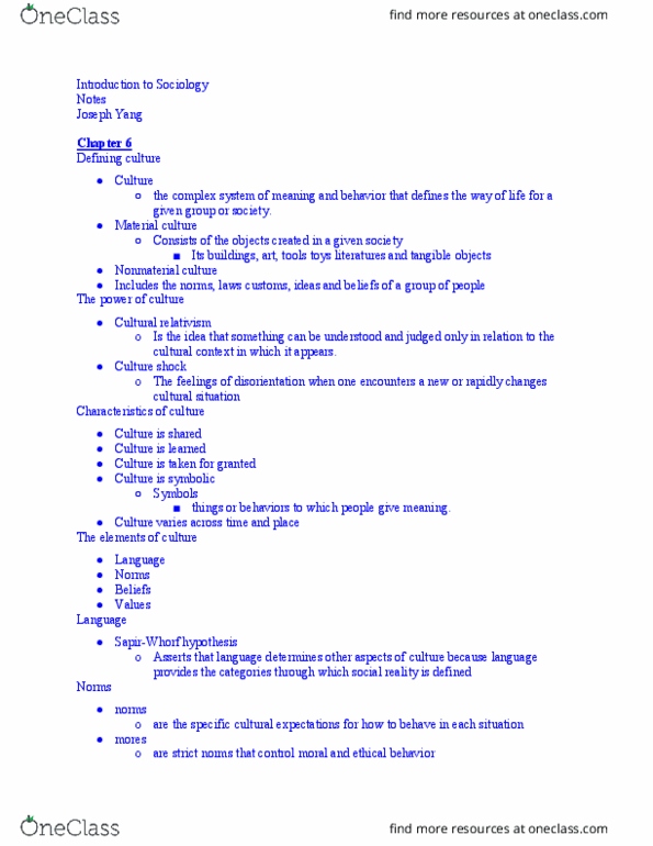 SOC-1 Chapter Notes - Chapter 6: Ethnomethodology, Culture Shock, Cultural Capital thumbnail