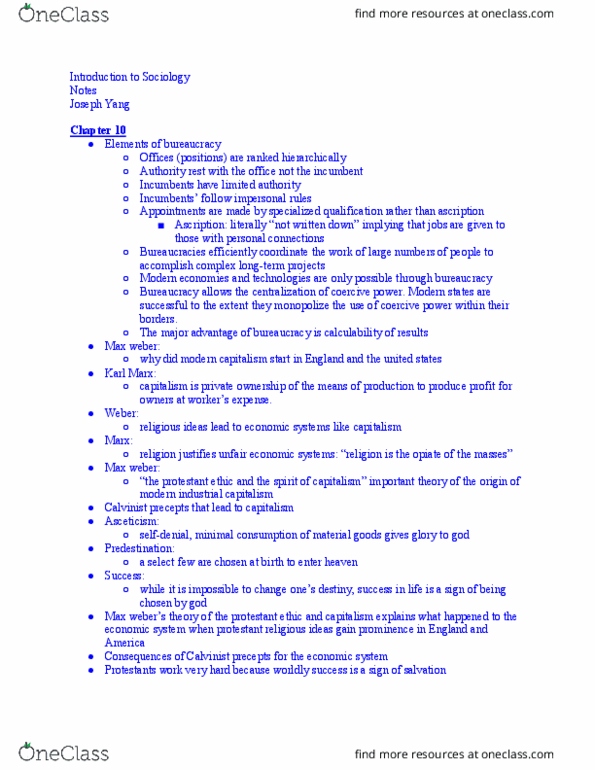 SOC-1 Chapter Notes - Chapter 10: Protestantism, Opiate, Corporate Personhood thumbnail