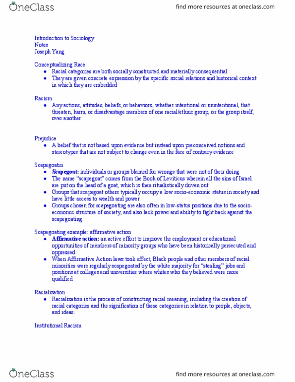 SOC-1 Lecture Notes - Lecture 19: Scapegoating, Institutional Racism, Book Of Leviticus thumbnail