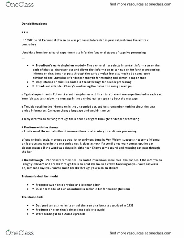 PSYCH 1F03 Lecture Notes - Lecture 18: Donald Broadbent, Long Term Ecological Research Network, Informa thumbnail