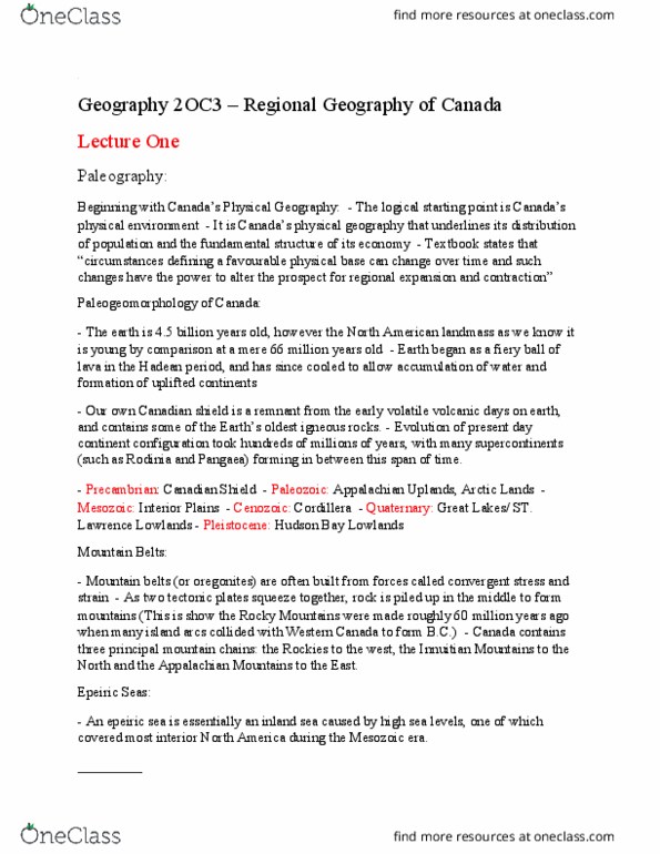 GEOG 2OC3 Lecture Notes - Lecture 1: Rodinia, Mesozoic, Hudson Bay Lowlands thumbnail