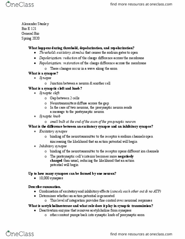 BIO E121 Lecture Notes - Lecture 30: Myasthenia Gravis, Droopy, Excitatory Synapse thumbnail