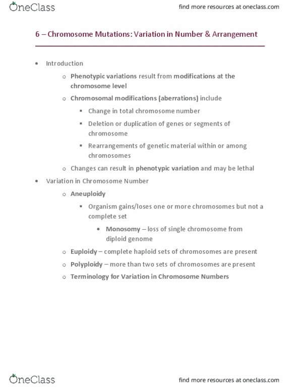 GEN-3000 Lecture Notes - Lecture 6: Chromosome Abnormality, Monosomy, Gene Duplication thumbnail