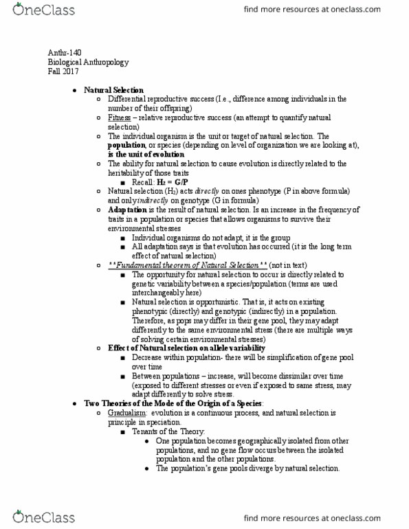 ANTHR-140 Lecture Notes - Lecture 26: Heritability, Genotype, Biological Anthropology thumbnail
