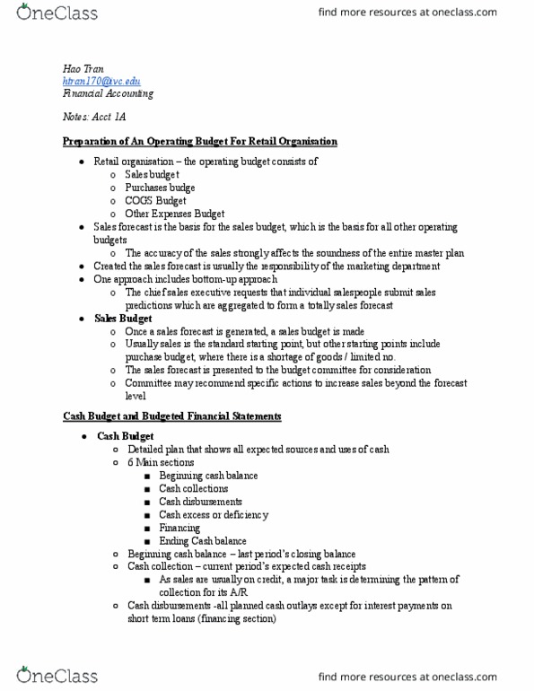 ACCT 1A Chapter Notes - Chapter 1: Cash Flow, Budget thumbnail