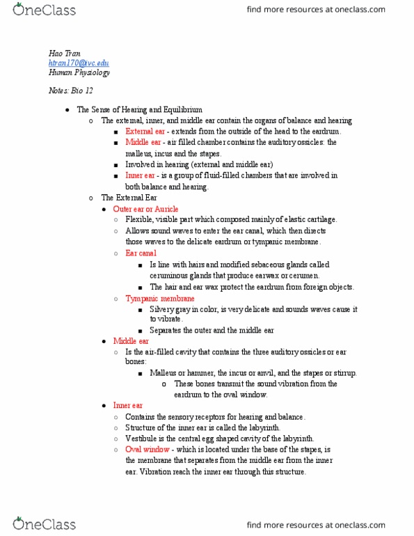 BIO 12 Lecture Notes - Lecture 20: Ossicles, Oval Window, Ear Canal thumbnail