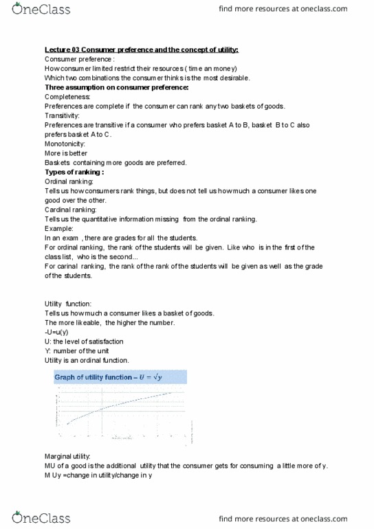 ECON 212 Lecture Notes - Lecture 3: Indifference Curve, Marginal Utility thumbnail