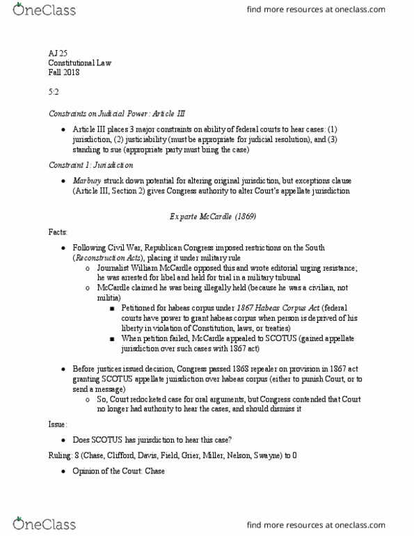 AJ 025 Lecture Notes - Lecture 10: Ex Parte Mccardle, Appellate Jurisdiction, Article Three Of The United States Constitution thumbnail