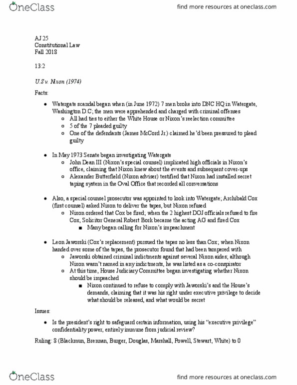 AJ 025 Lecture Notes - Lecture 26: Nixon White House Tapes, Archibald Cox, William Rehnquist thumbnail