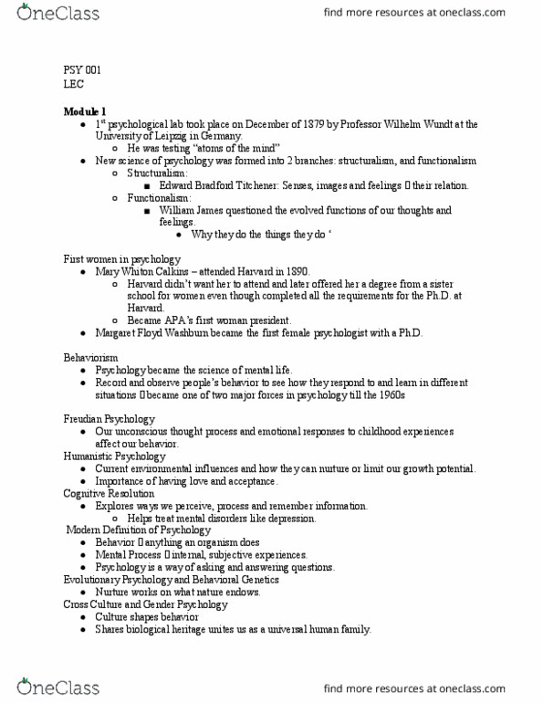 PSY 001 Lecture Notes - Lecture 1: Wilhelm Wundt, Behaviorism, Perception thumbnail