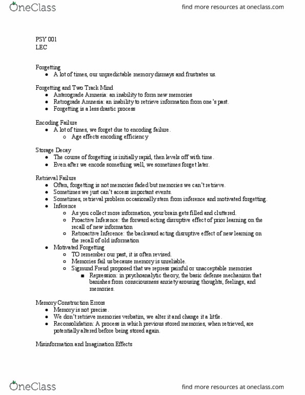 PSY 001 Lecture Notes - Lecture 14: Scale-Invariant Feature Transform, Sigmund Freud, Psy thumbnail