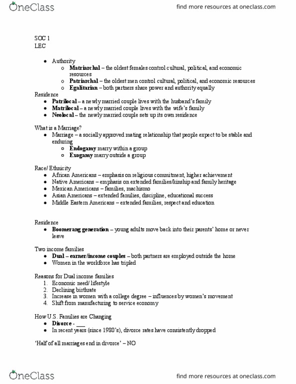 SOC 001 Lecture Notes - Lecture 19: Exogamy, Asian Americans, Endogamy thumbnail