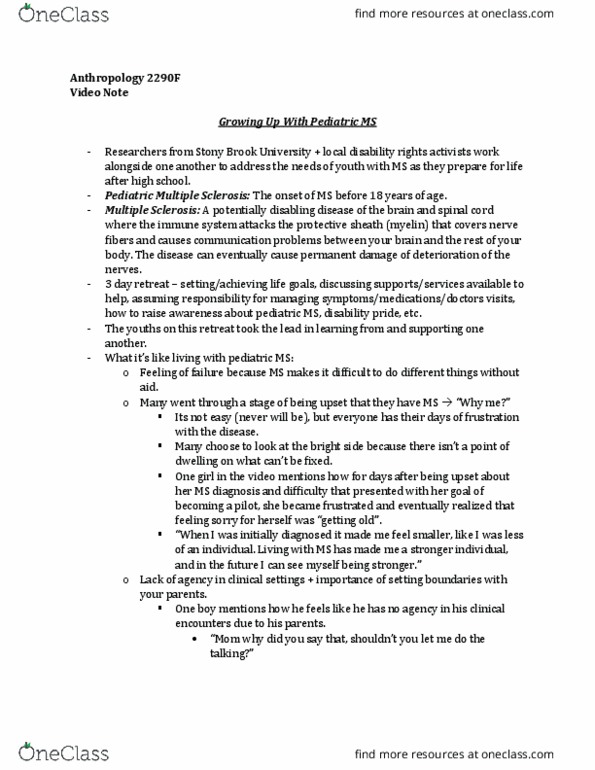 Anthropology 2290F/G Chapter Notes - Chapter 1: Multiple Sclerosis, Personal Boundaries, Myelin thumbnail