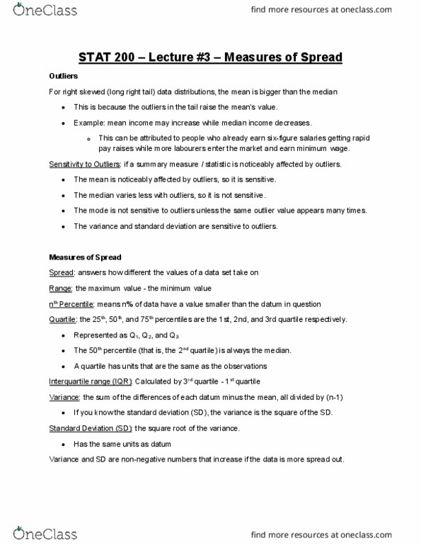 STAT 200 Lecture Notes - Lecture 3: Quartile, Standard Deviation, Summary Statistics cover image