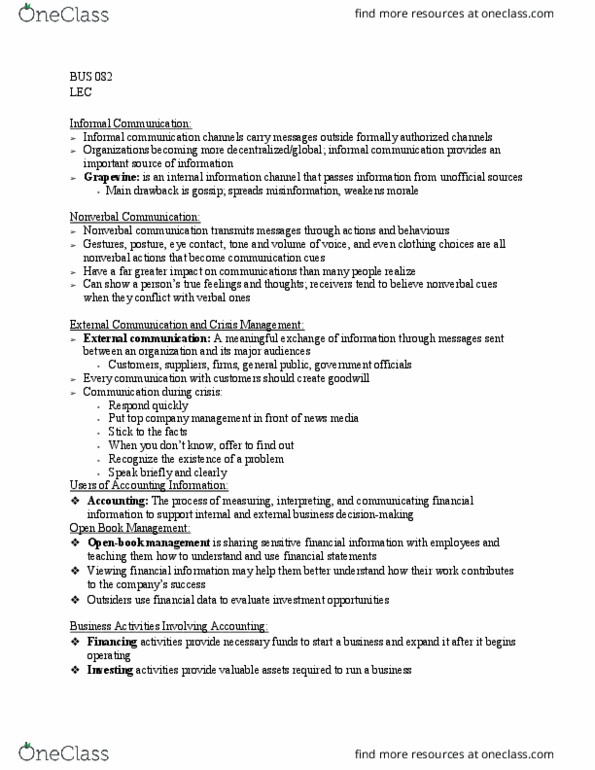 BUS 082 Lecture Notes - Lecture 15: Nonverbal Communication, Vivarium Inc., Financial Statement thumbnail