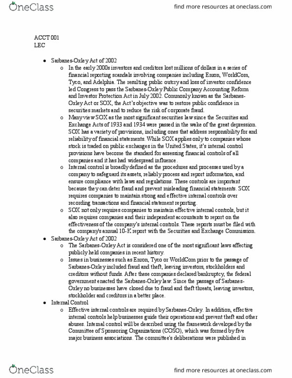 ACCT 001 Lecture Notes - Lecture 24: Sarbanes–Oxley Act, Adelphia Communications Corporation, Regulatory Compliance thumbnail