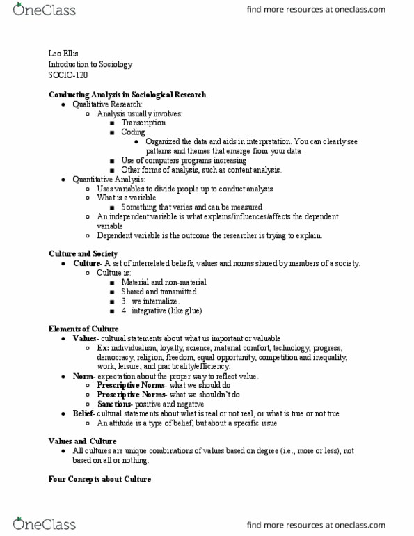 SOCIO-120 Lecture Notes - Lecture 4: Content Analysis, Cultural Relativism, Ethnocentrism thumbnail