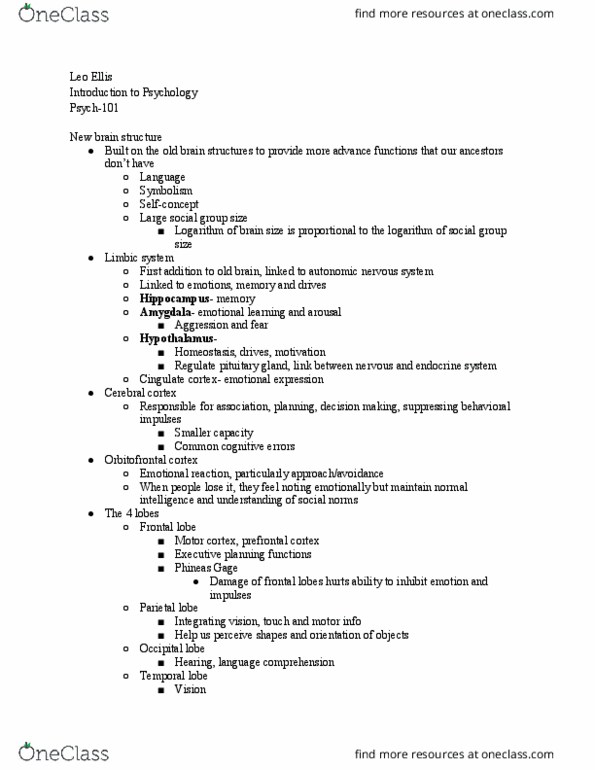 PSYCH-101 Lecture Notes - Lecture 7: Phineas Gage, Orbitofrontal Cortex, Cingulate Cortex thumbnail