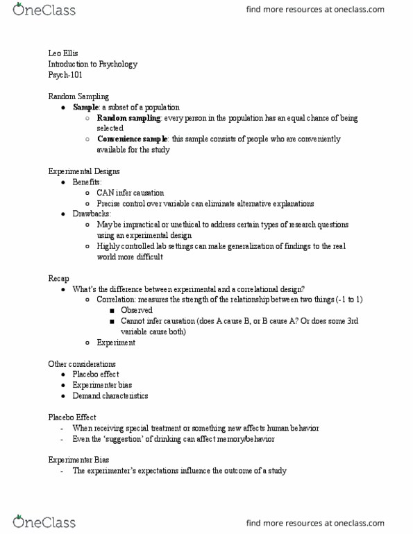 PSYCH-101 Lecture Notes - Lecture 18: Bar Chart, Random Assignment, Demand Characteristics thumbnail