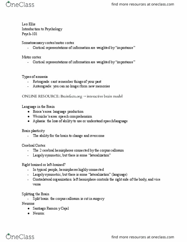 PSYCH-101 Lecture Notes - Lecture 20: Multiple Sclerosis, Neuroplasticity, Aphasia thumbnail