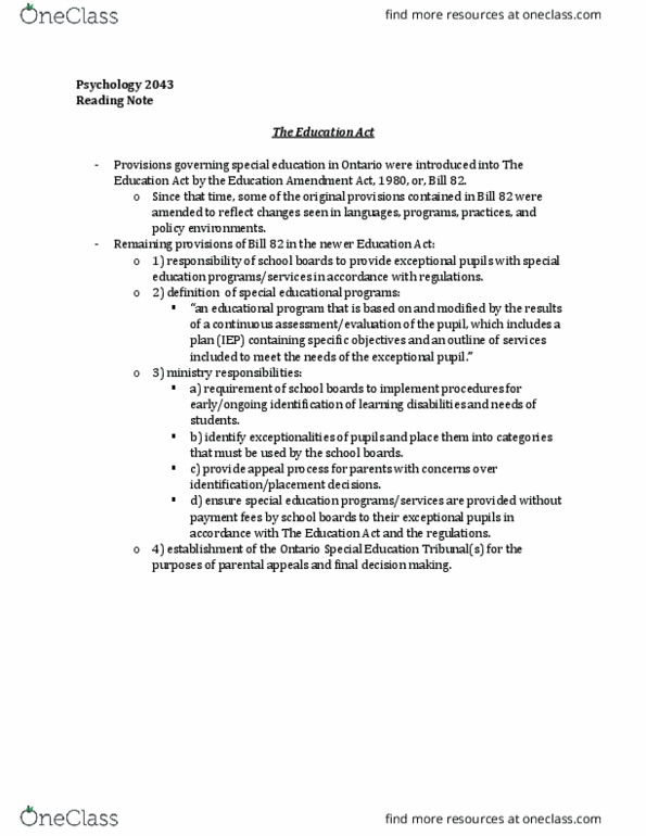 Psychology 2043A/B Chapter 1: The Education Act thumbnail