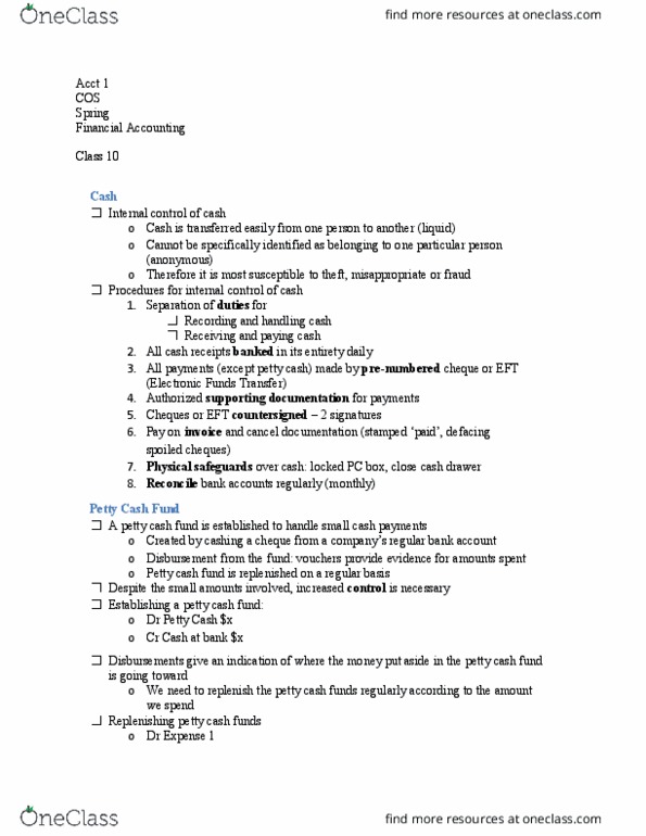 ACCT 001 Lecture Notes - Lecture 10: List Of The Shield Episodes, Internal Control, Bank Reconciliation thumbnail