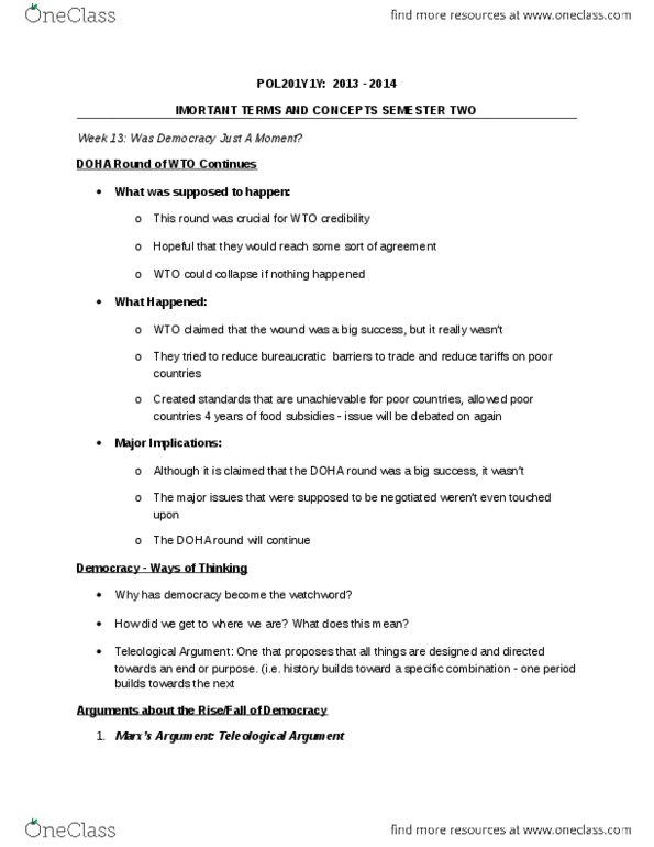 POL214Y1 Lecture Notes - Doha Development Round, Teleological Argument, World Trade Organization thumbnail