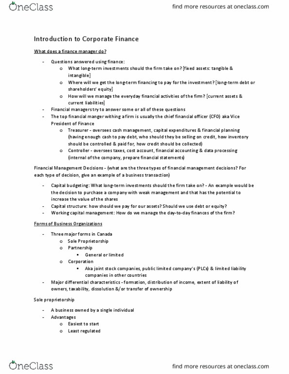 COMMERCE 2FA3 Lecture Notes - Lecture 2: Tax Rate, Joint-Stock Company, Capital Budgeting thumbnail