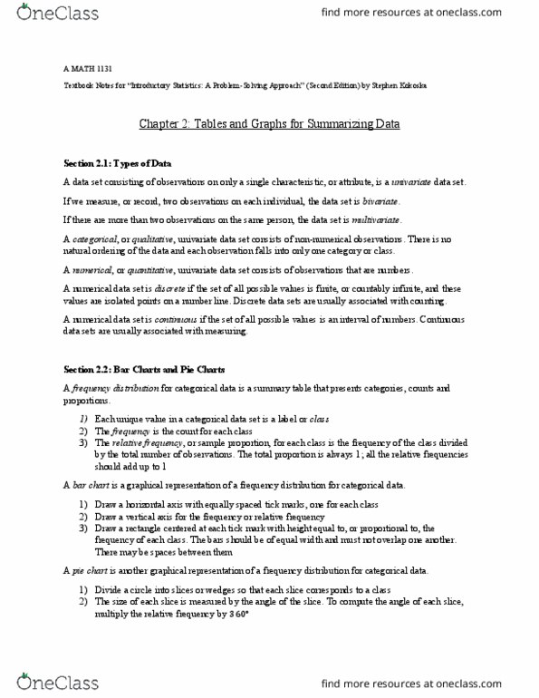 MATH 1131 Chapter Notes - Chapter 2: Pie Chart, Categorical Variable, Bar Chart thumbnail