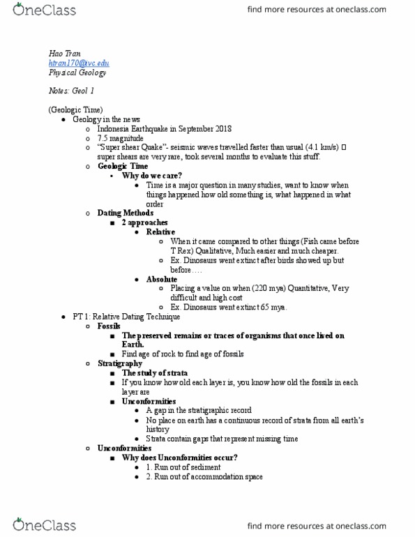 GEOL 1 Lecture Notes - Lecture 12: Paleozoic, Proterozoic, Hadean thumbnail