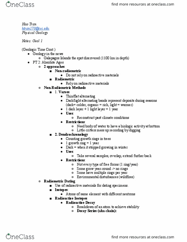 GEOL 1 Lecture Notes - Lecture 13: Dendrochronology, Fossil Fuel, Uranium-238 thumbnail