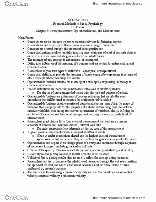 SOCPSY 2K03 Chapter Notes - Chapter 5: Theoretical Definition, Content Validity, Construct Validity thumbnail