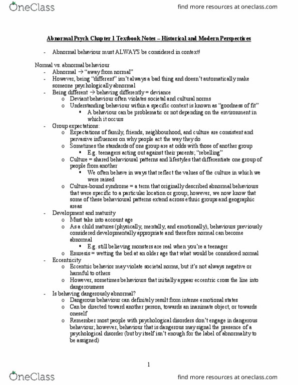 Psychology 2030A/B Chapter Notes - Chapter 1: Abnormal Psychology, Enuresis, Psych thumbnail