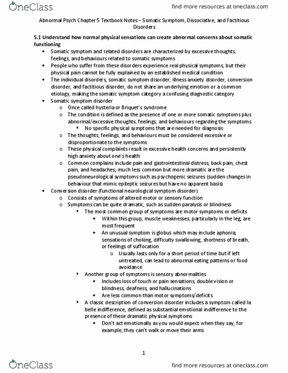 Psychology 2030A/B Chapter Notes - Chapter 5: Functional Neurological Symptom Disorder, Somatic Symptom Disorder, Factitious Disorder thumbnail