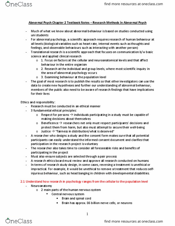 Psychology 2030A/B Chapter Notes - Chapter 2: Central Nervous System, Abnormal Psychology, Psych thumbnail