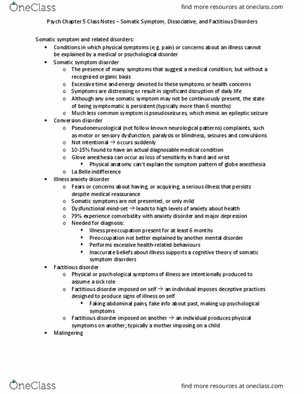 Psychology 2030A/B Lecture Notes - Lecture 5: Factitious Disorder, Dissociative Disorder, Anxiety Disorder thumbnail