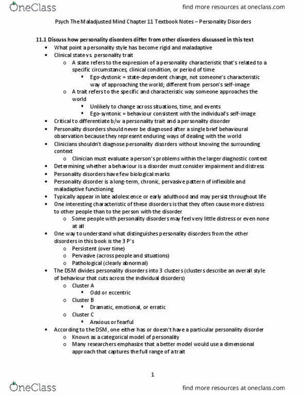 Psychology 2030A/B Chapter Notes - Chapter 11: Personality Disorder, Personality Psychology, Dependent Personality Disorder thumbnail