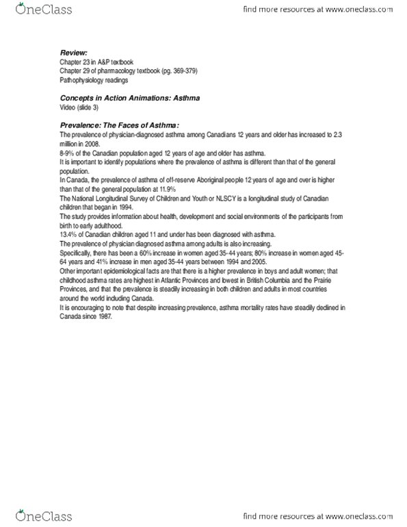 NURSING 2LA2 Lecture Notes - Histamine, Asthma, Etiology thumbnail