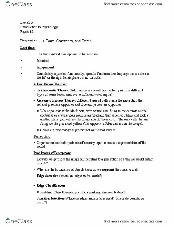 PSYCH-101 Chapter Notes - Chapter 1: Edge Detection, Color Vision, Retina thumbnail