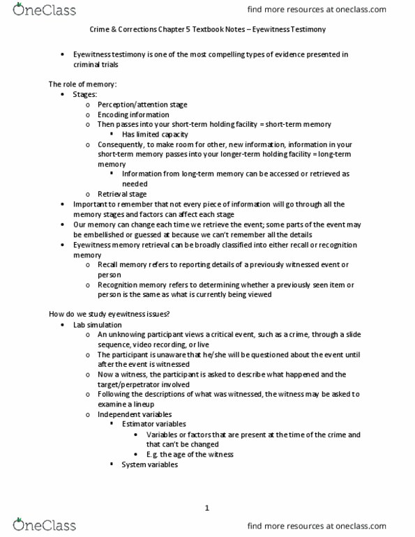 Psychology 2032A/B Chapter Notes - Chapter 5: Recognition Memory, Eyewitness Testimony, Dependent And Independent Variables thumbnail