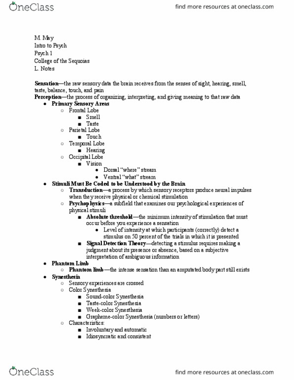 PSY 001 Lecture Notes - Lecture 19: Psych, Fusiform Gyrus, Visual Perception thumbnail