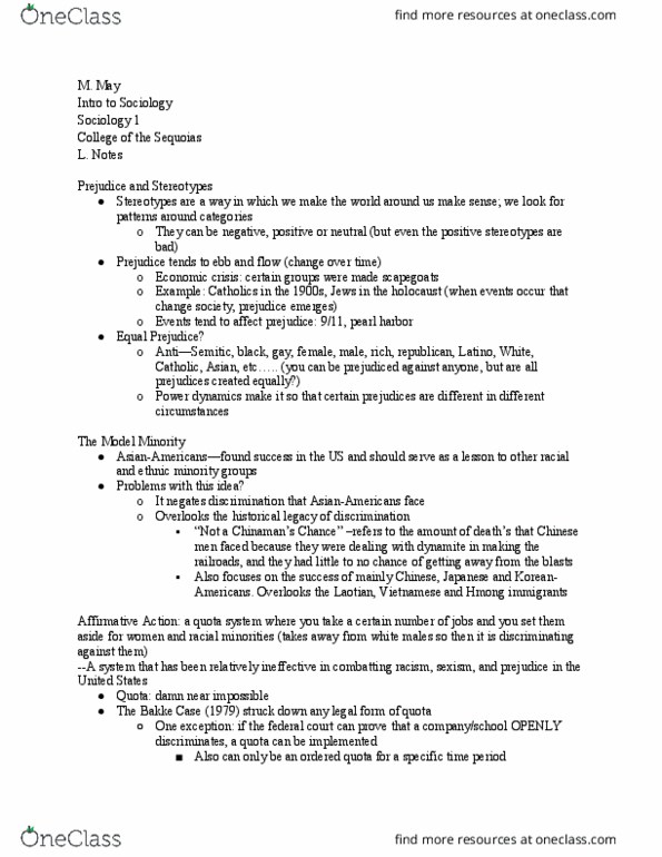 SOC 001 Lecture Notes - Lecture 8: Pearl Harbor, Stepfamily, Reverse Discrimination thumbnail