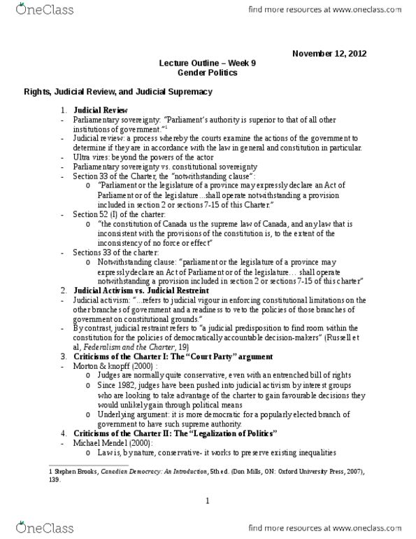 POLS 1500 Lecture Notes - Section 33 Of The Canadian Charter Of Rights And Freedoms, The Feminine Mystique, Kathleen Barry thumbnail