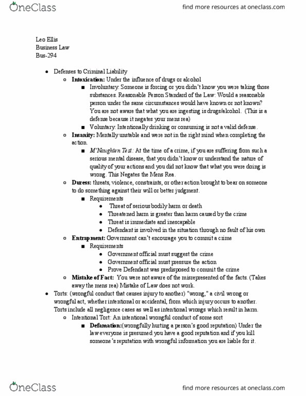 BUS-294 Lecture Notes - Lecture 4: Mens Rea, Reasonable Person thumbnail