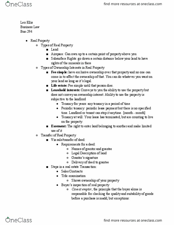 BUS-294 Lecture Notes - Lecture 19: Implied Warranty, Easement, Adverse Possession thumbnail