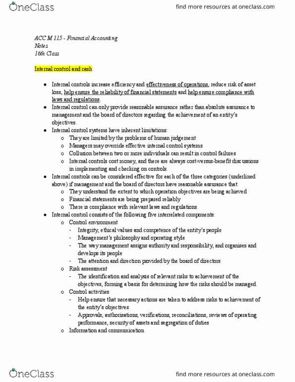 ACC M115 Lecture Notes - Lecture 16: Internal Control, Financial Statement, Risk Assessment thumbnail