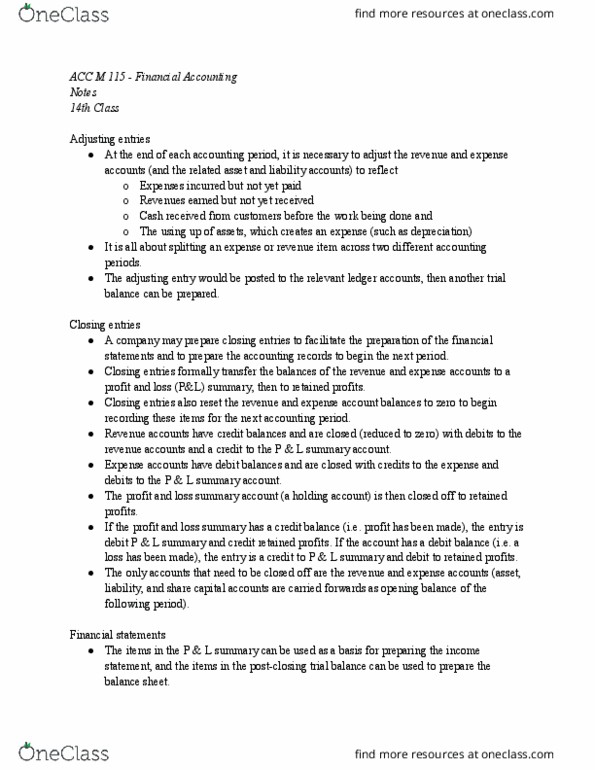 ACC M115 Lecture Notes - Lecture 14: Trial Balance, Financial Statement, Accounts Receivable thumbnail