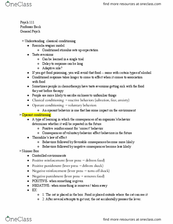 PSY 111 Lecture Notes - Lecture 11: Operant Conditioning Chamber, Foodborne Illness, Reinforcement thumbnail